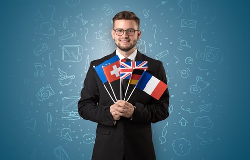 Businessman with office symbol concept and little flag on his hand