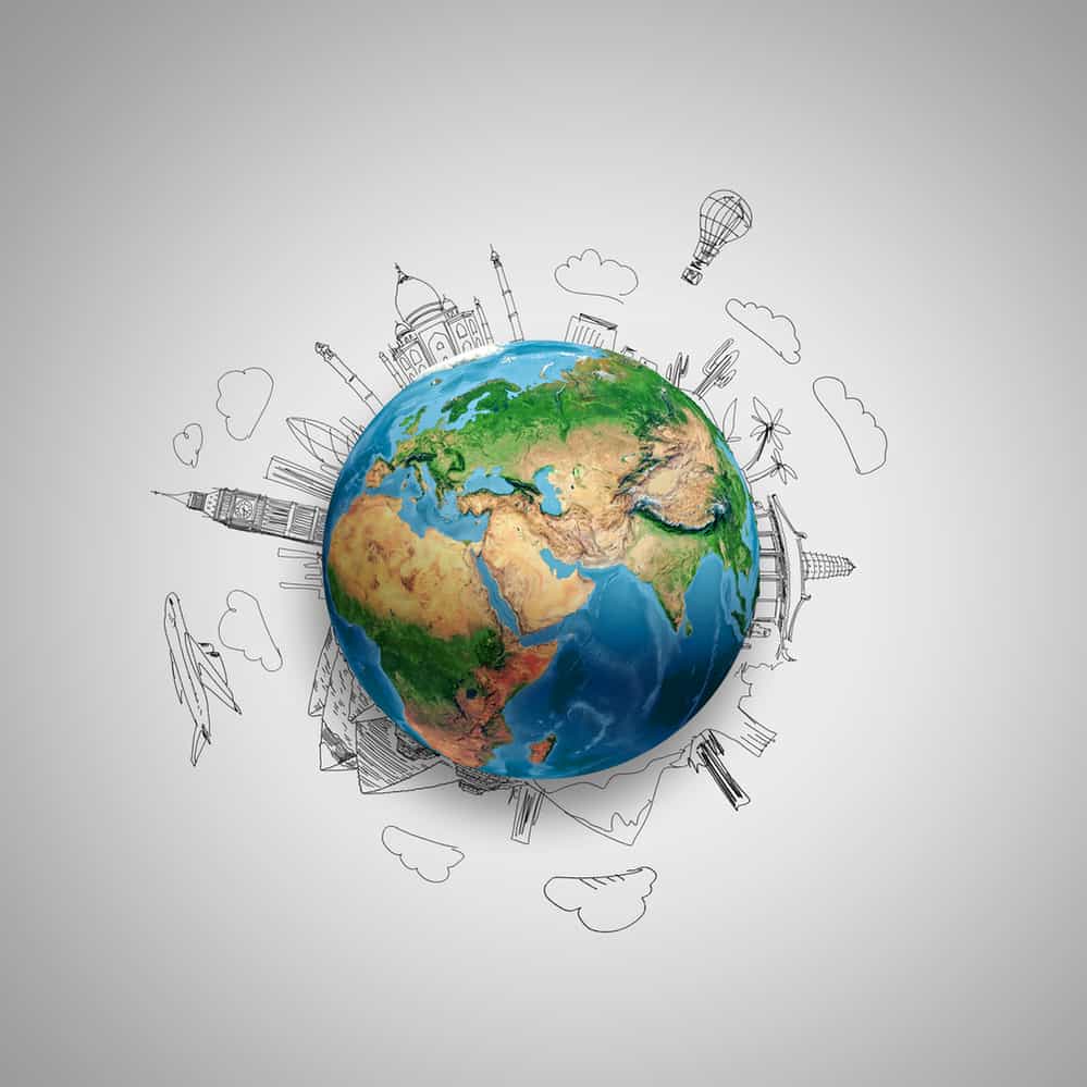 Earth planet on grey background with pencil sketches. Elements of this image are furnished by NASA