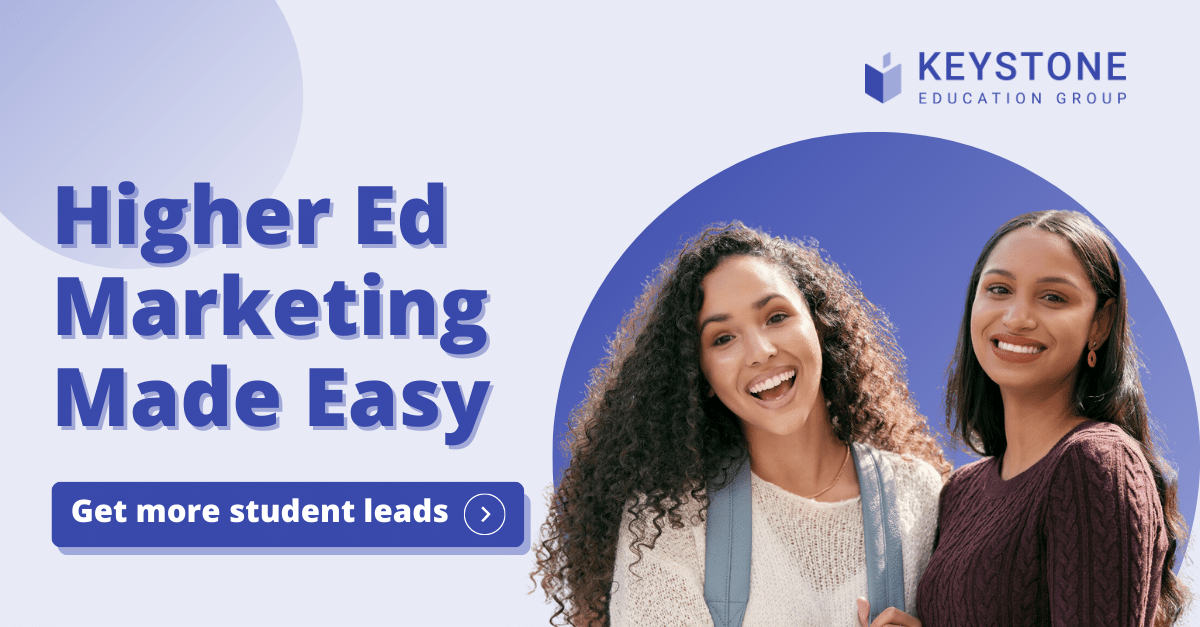 image of two students smiling with caption: Higher Ed Marketing Made Easy