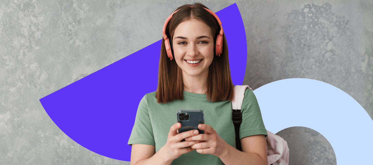 image of female student with headphones and mobile phone