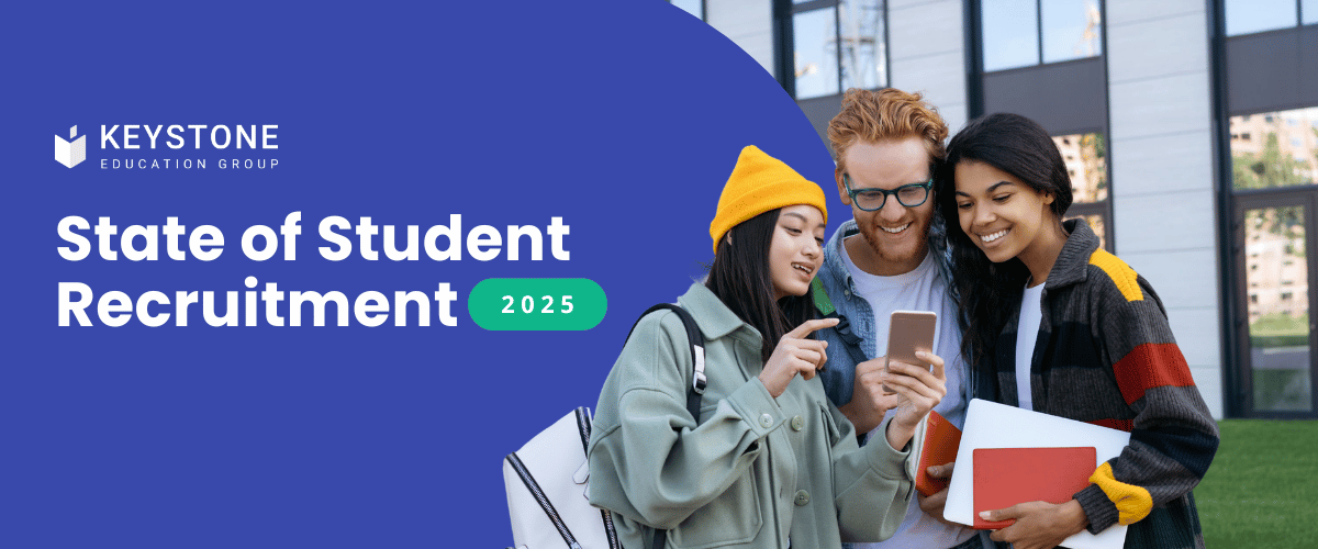 a promotional banner showing three students looking at a mobile phone