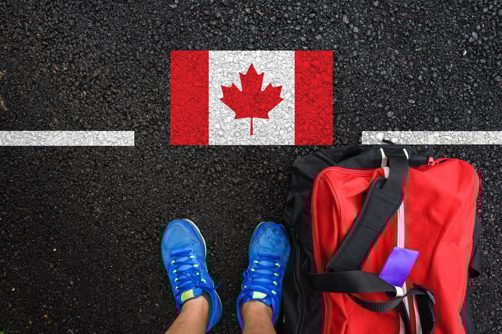 image shows someone standing beside a Canadian flag 