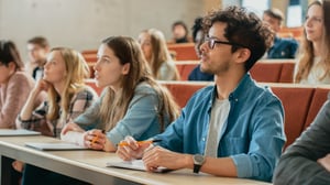 students sitting in a classroom looking away in same direction. Young man with dark, curly hair and glasses in the foreground