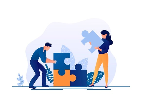 illustraded graphic of a man and woman with large jigsaw puzzle pieces