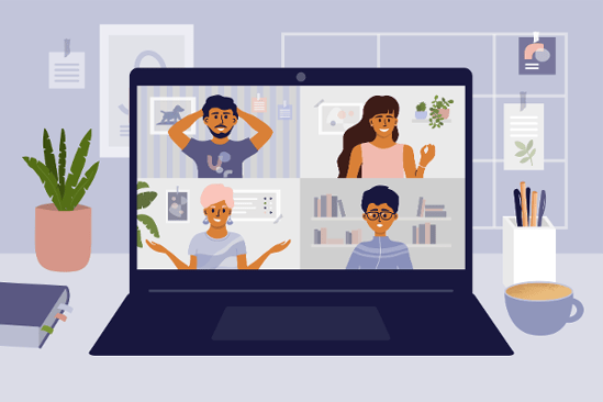 illustrated image with 4 people on a video call webinar on a laptop