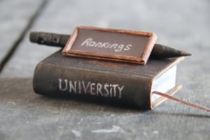 image shows a book which says university on the side, and a sign which says ranking on top