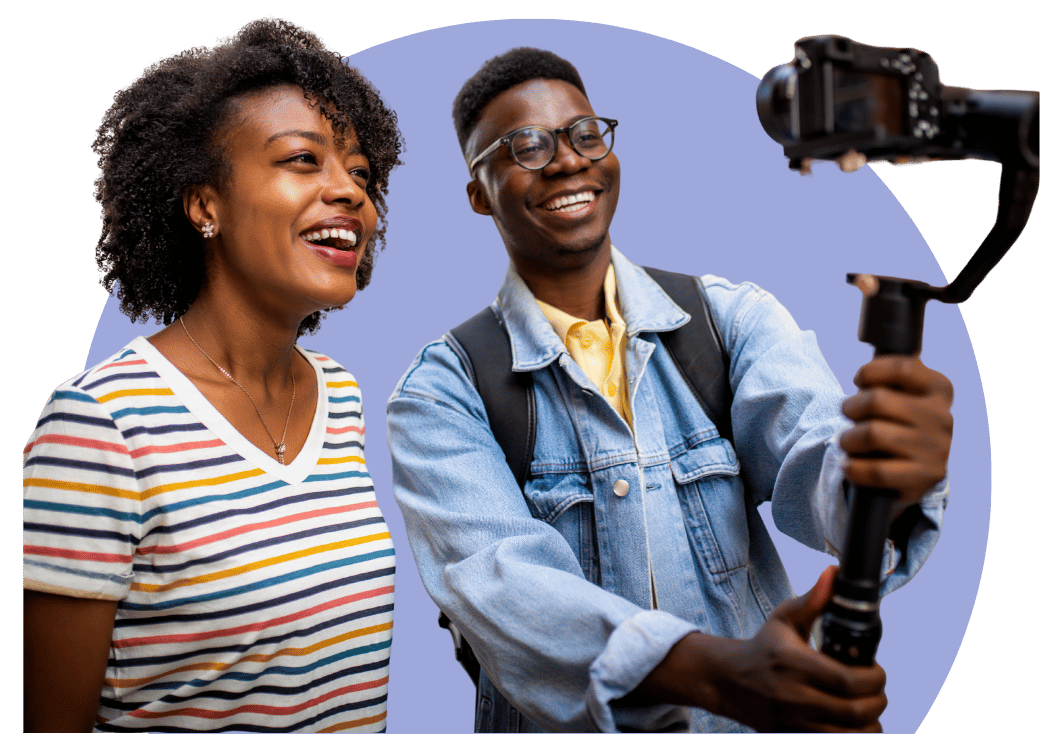 students shooting video content with camera